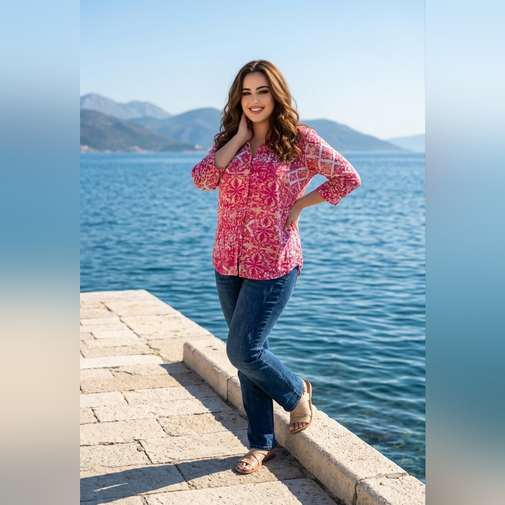 Caribbean Joe Island Supply Co Pink Orange Paisley Top 1X Resortwear Vacation